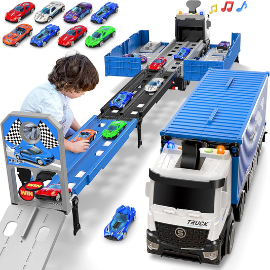 Carrier Truck Race Track Toddlers Toys, Foldable 3 Layer Track Playset, Toy Truck Transport Car Carrier & 8 Race Cars, Truck Car Kids Toys Xmas Gifts for Age 3 4 5 6+ Years Old Boys Girls