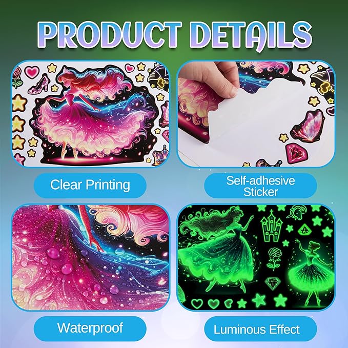 Glow in The Dark Princess and Star Wall Decals, Neon Butterflies Stickers for Girls Room, Luminous Stars Ceiling Decor for Bedroom Playroom Nursery