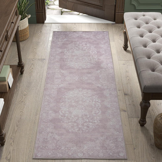 jinchan Vintage Floral Runner Rug 2x7 - Machine Washable Distressed Design Non-Slip Low-Pile Soft Thin Carpet for Hallway Kitchen Farmhouse Bedroom Entryway Laundry Room (2x7ft,Orchid)