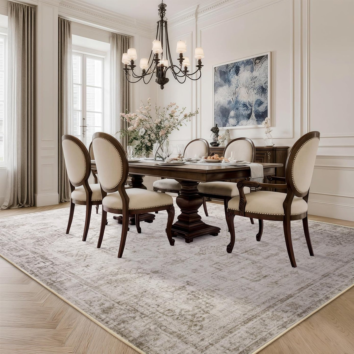 6x9 Washable Area Rug for Living Room, Non-Slip Distressed Rugs for Bedroom Dinning Room, Ultra-Thin Indoor Non-Shedding Vintage Print Carpet for Farmhouse, Home Office, Dorm Light Taupe/Cream