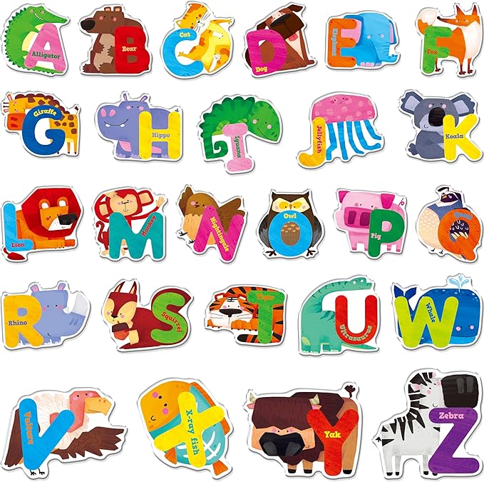 26PCS Alphabet Animal Jelly Stickers, Thick Window Door Clings Removable Reusable Letter Gel Clings Decals for Kids Toddlers Adults Home Classroom Animal Theme Party Supplies Decors (Not Edible)