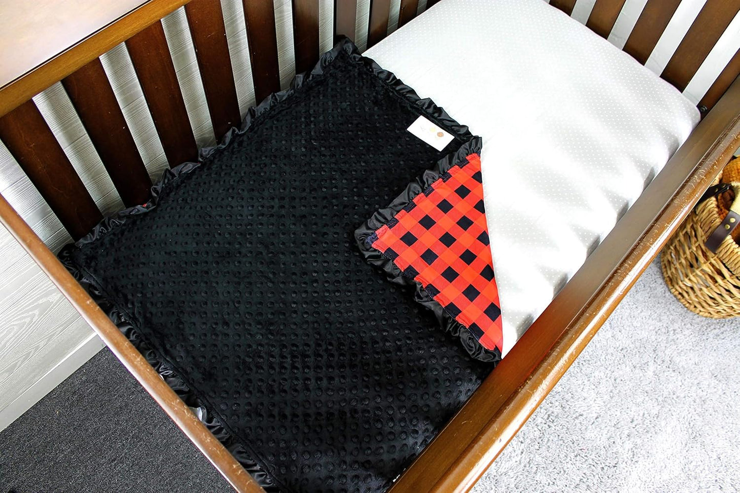 Top Tots Baby Blanket - Minky, Deer with Text, White on Red and Black Plaid, with Black Ruffles