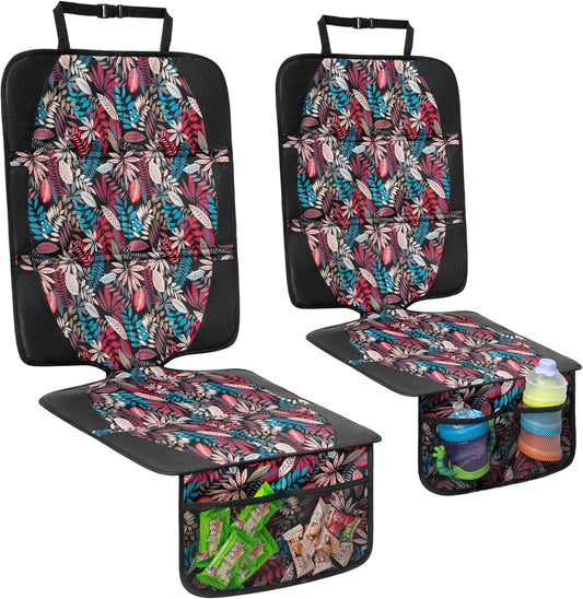 Car Seat Protector for Child Car Seat, 2 Pack Baby Car Seat Covers with Mesh Pockets & Non-Slip Backing 600D Durable Seat Protector Under Baby Car Seat for Car Back Seat (Red Leaves, Large)