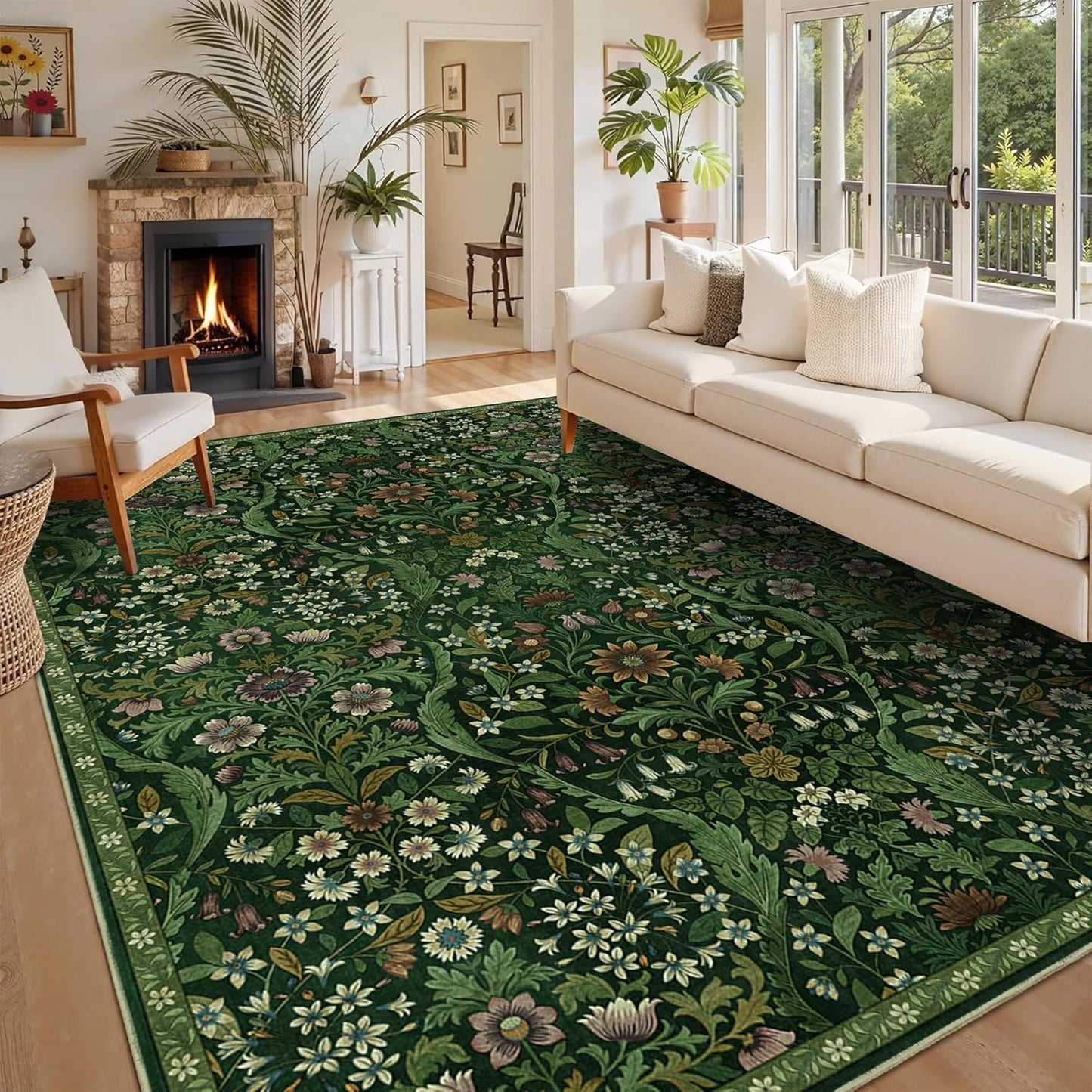 8x10 Washable Area Rug for Living Room, Large Vintage Dark Green Floral Rugs, Soft Non-Slip Stain Resistant Boho Lightweight Carpet for Bedroom Dining Room Nursery Home Office