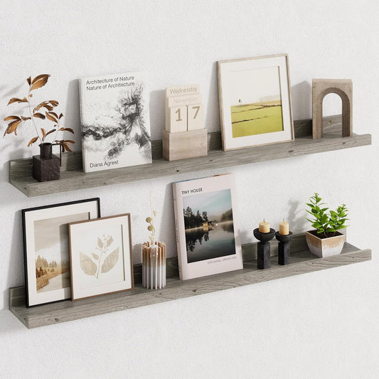 Fun Memories Picture Ledge Shelf, 36 Inch Floating Shelves for Wall, Nursery Bookshelf for Storage, Rustic Elm Wood Photo Ledge Shelves for Bedroom, Living Room, Kitchen (Grey, 36in Set of 2)