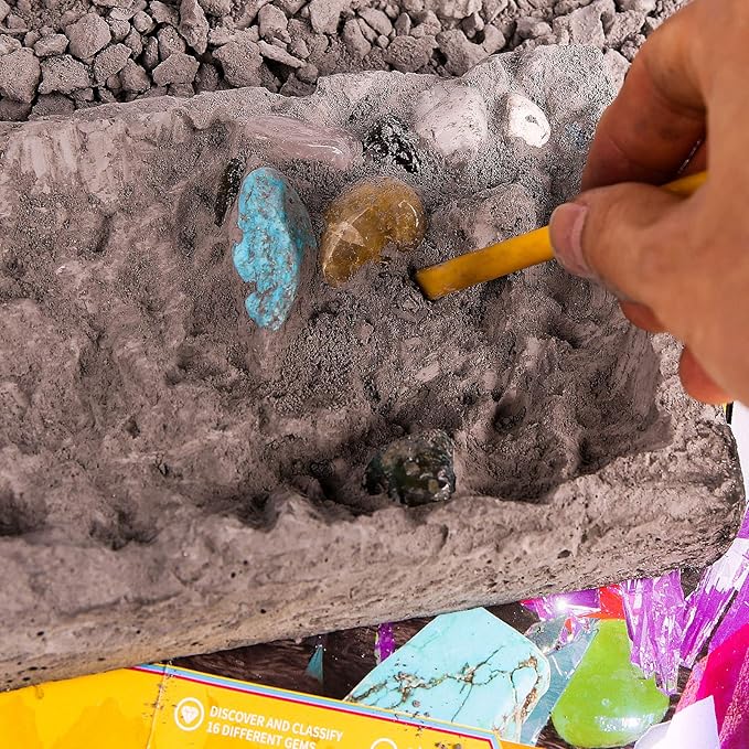 Gemstone Dig Kit, 16 Real Gem Stones and Crystals Excavation Kit, STEM Educational Toys Science Kit for Kids 5-7 8-12, Easter Basket Stuffers Gifts for Boys Girls