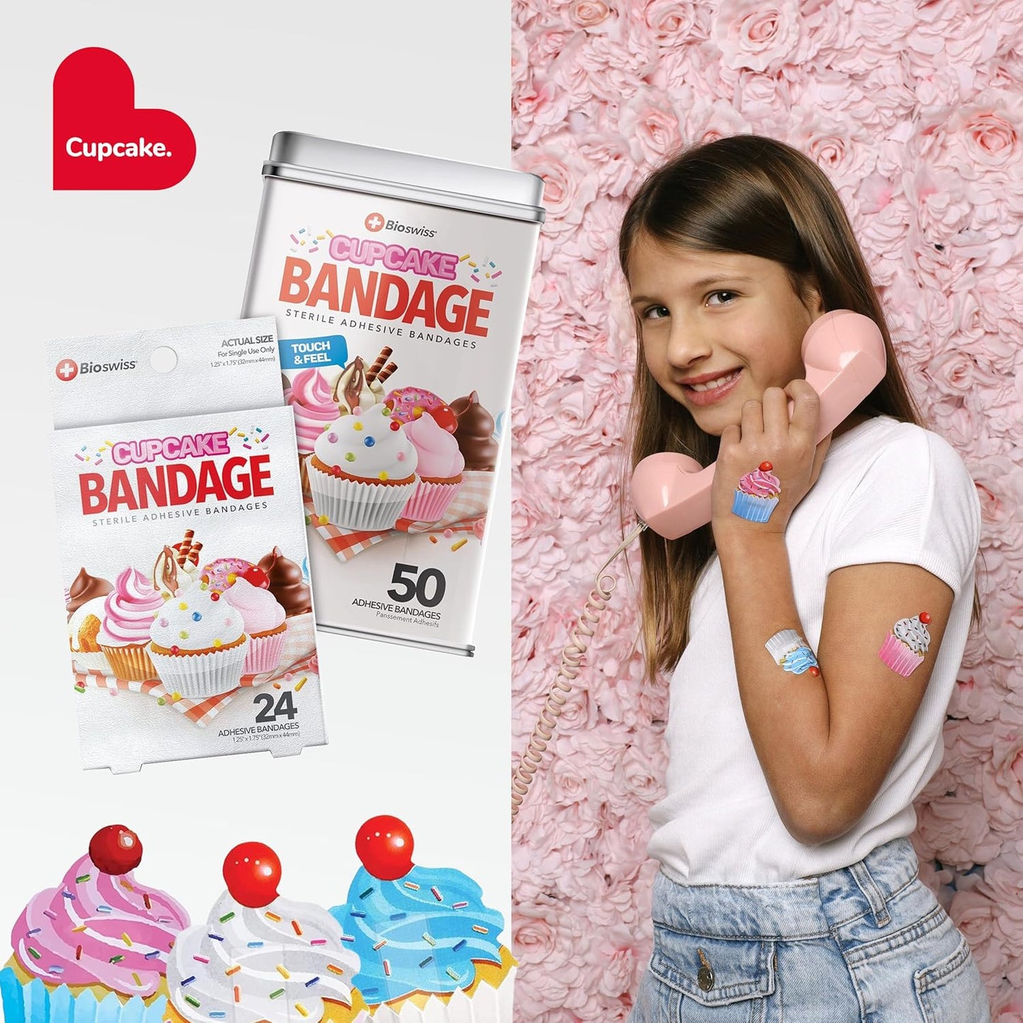 BioSwiss Bandages, Cupcake Shaped Self Adhesive Bandage, Latex Free Sterile Wound Care, Fun First Aid Kit Supplies for Kids, 24 Count