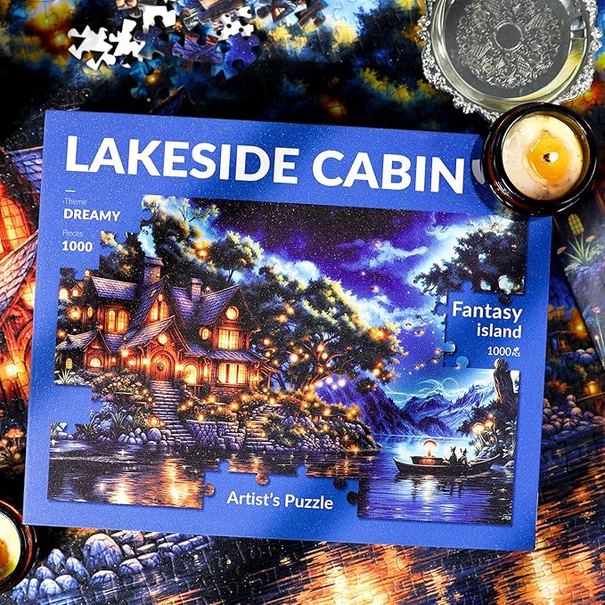 1000 Piece Fantasy Island Sparkling Jigsaw Puzzle for Adults – Dreamy Lakeside Cottage Under Starry Night Sky, Whimsical Fairy Tale Art Puzzle, Relaxing and Challenging Gift for Puzzle Lovers