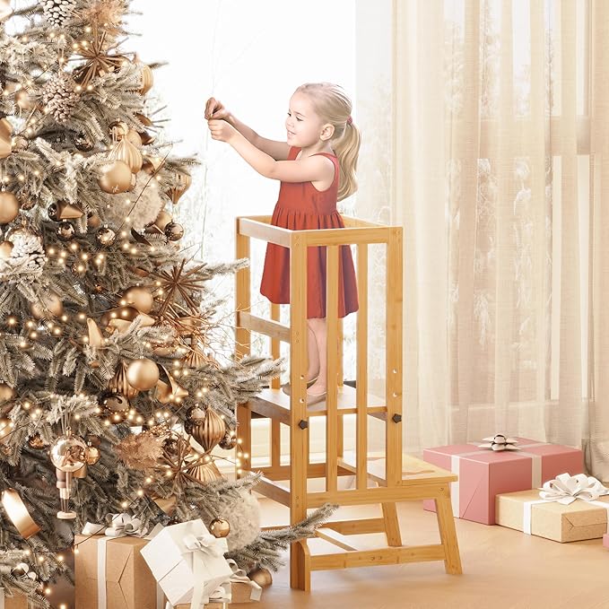 Kids Kitchen Step Stool, Toddler Standing Tower Adjustable Height with Anti-Slip Feet, Toddlers Learning Step Stool Helper for Kitchen Counter or Bathroom Sink, Natural Bamboo