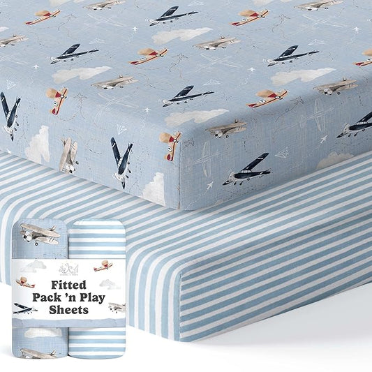 Pack and Play Sheets Fitted, Mini Crib Sheets for Graco Pack N Play Playard (38x26), Ultra Soft Cotton Blend, Safe & Snug Playpen Mattress Sheet for Baby Boys Girls, Airplane in The Clouds, 2-Pack