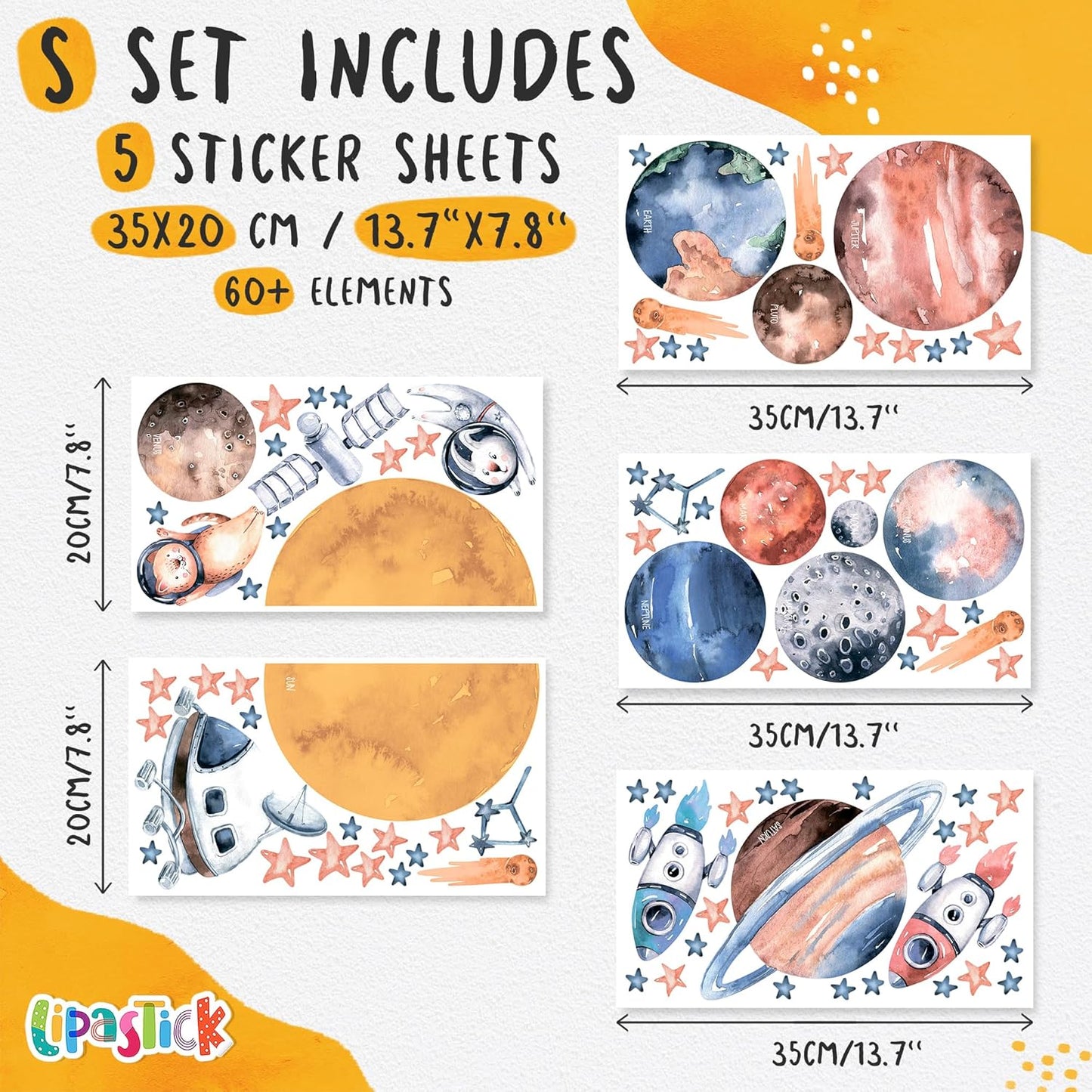 Solar System Wall Decals for Kids - Planets and Space Themed Wall Stickers by Lipastick - Peel and Stick Vinyl Decals for Boys and Girls Bedroom, Nursery, Playroom - Wall Stickers for Girls Room