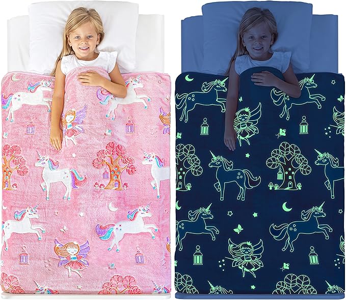 Glow in The Dark Unicorn Blanket for Girls – Soft Pink Fleece Throw. Great Christmas, Birthday, Baby, Toddler Unicorn Gifts for Girls, Fairy, Butterfly, Stars. Bright Long-Last Glow