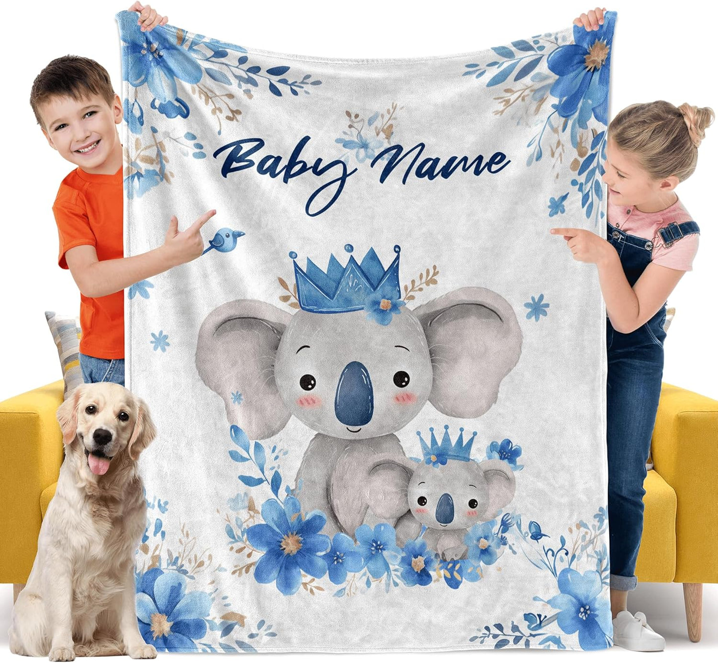 Watercolor Koala Personalized Boy Baby Blanket, Custom Baby Throw Blanket with Name for Newborn Son Daughter Grandson Granddaughter Toddler Birthday Bed Blanket