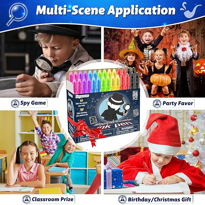 Joycover 24 PCS Invisible Ink Pen with UV Light for Kids, Spy Pens and Notebook，Birthday Party Favors for Kids 4-8, School Prize Goodie Bag Stuffers, UV Pen for Secret Message Escape Room