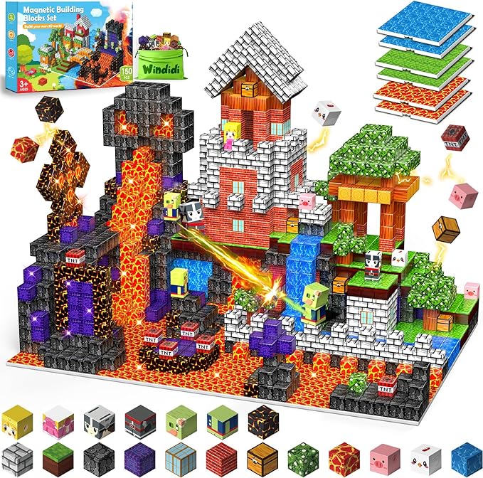 150PCS Magnetic Building Blocks - 6 Big Magnetic Base Building STEM Toys, Magnet Cube Game for Kids, Build Mine Castle Volcano World for Boys Girls Age 3-5 4-8 8-12, Sensory Outdoor Travel Toys Gifts