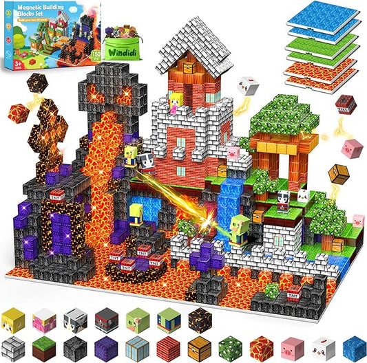 150PCS Magnetic Building Blocks - 6 Big Magnetic Base Building STEM Toys, Magnet Cube Game for Kids, Build Mine Castle Volcano World for Boys Girls Age 3-5 4-8 8-12, Sensory Outdoor Travel Toys Gifts