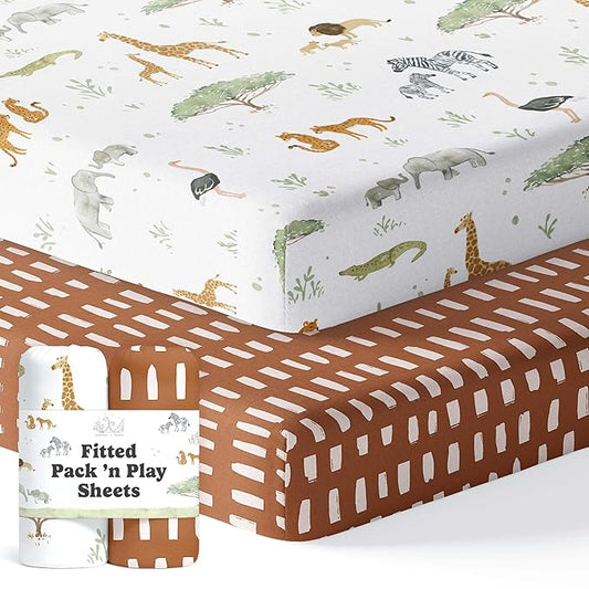 Pack and Play Sheets Fitted, Mini Crib Sheets for Graco Pack N Play Playard (38x26), Ultra Soft Organic Cotton Blend, Safe & Snug Playpen Mattress Sheet for Baby Boys & Girls, Safari Adventure, 2-Pack