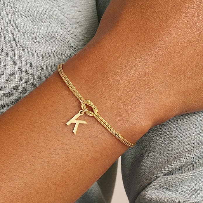 Gold Initial Bracelets for Women Girls - 18K Gold Plated Knot Initial Bracelet Teen Girl Gifts Trendy Stuff Dainty Gold Bracelets for Women Girls Jewelry Gifts