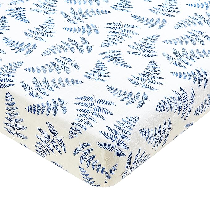 Margaux & May Organic Muslin Cotton Baby Crib Sheet, Blue Fern Print, Fitted, Breathable, Toddler Bedding, 52 x 28, Deep Pocket, Organic Crib Sheets for Cozy Sleep
