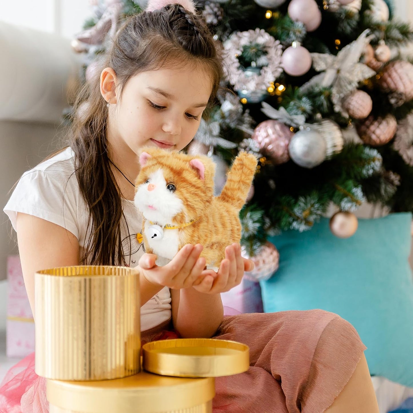 Easfan Walking Plush Kitty Toy Stuffed Animal Electric Interactive Talking Musical Plush Toy Grey Cat Leash Tail Wagging Christmas Birthday Gifts for Kids Toddlers,7"