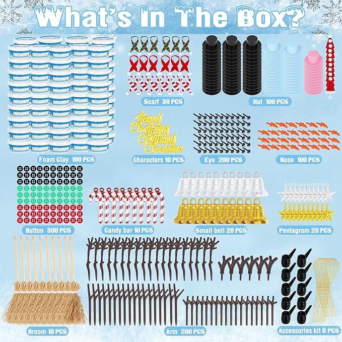 100pcs Snowman Craft, Build a Snowman Kit Indoor Decor, Snowman Kit DIY Christmas Ornaments, Creative Air Dry Modeling Clay Bulk, Xmas School Family Party Activities Snowman Making Set