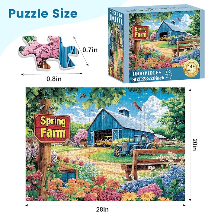 1000 Piece Puzzles for Adults, Spring Landscape Jigsaw Puzzle, Farm Jigsaw Puzzles 1000 Pieces, Challenging Game Home Decor Birthday Party Gift Toy for Adults Kids Seniors, 28×20 in