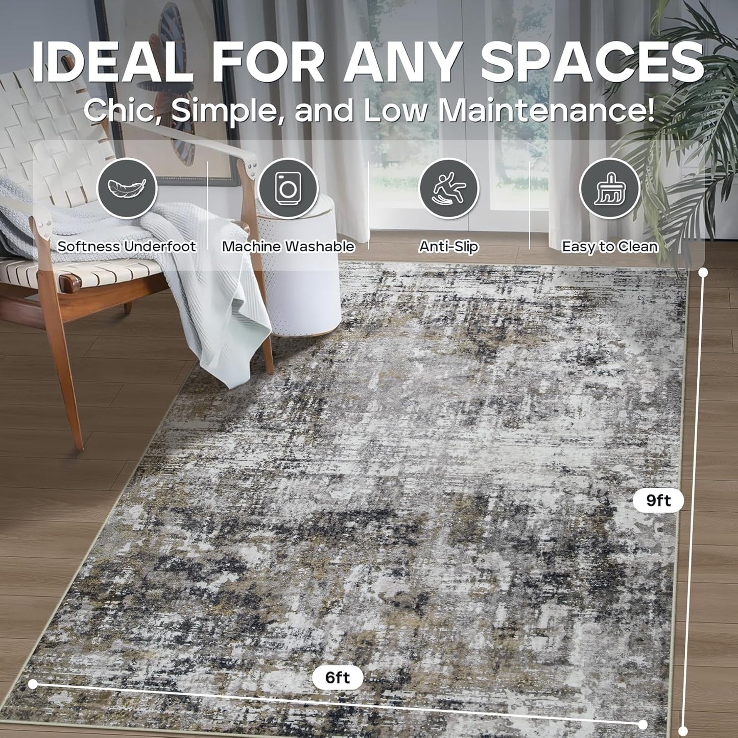 6x9 Area Rugs for Living Room Rug Washable: Modern Rug for Dining Room Bedroom Carpet Non Slip Low Pile 6 by 9 Indoor Abstract Nursery Home Office Black Gold