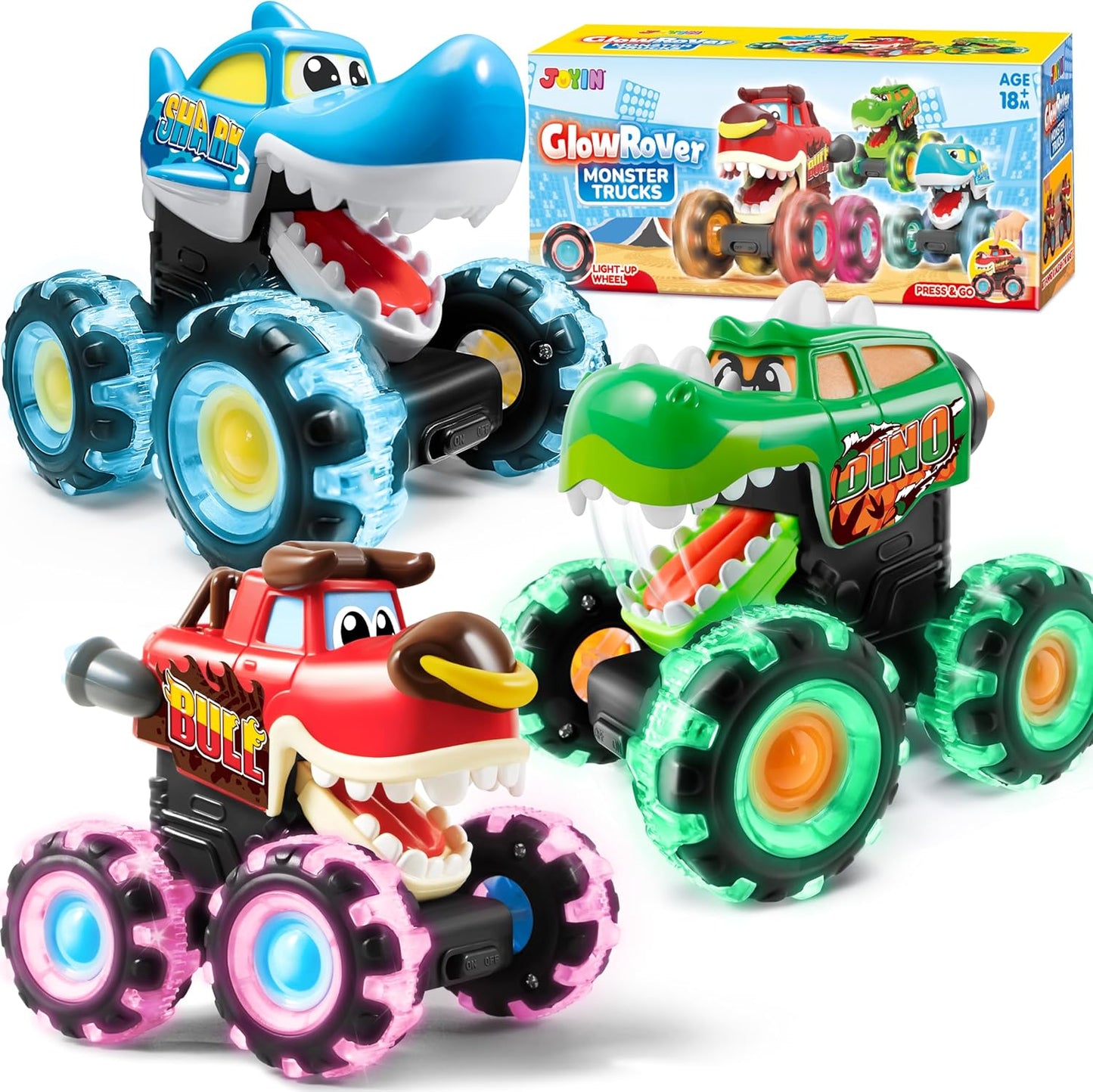 JOYIN 3 Pack Monster Truck Toy - Motion Activated Light-Up Cars for Toddlers - Monster Treads Lightning Wheels - Baby Toy Present - Press & Go Cars for Boys Girls Birthday Gifts