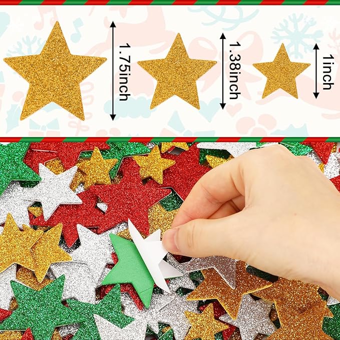JULBEAR Star Foam Sticker, 300Pcs Christmas Glitter Star Shapes Foam Stickers for Kids Holiday Xmas Party Favors Toddler DIY Crafts Supplies Home Decorations(Red Green Gold Silver)