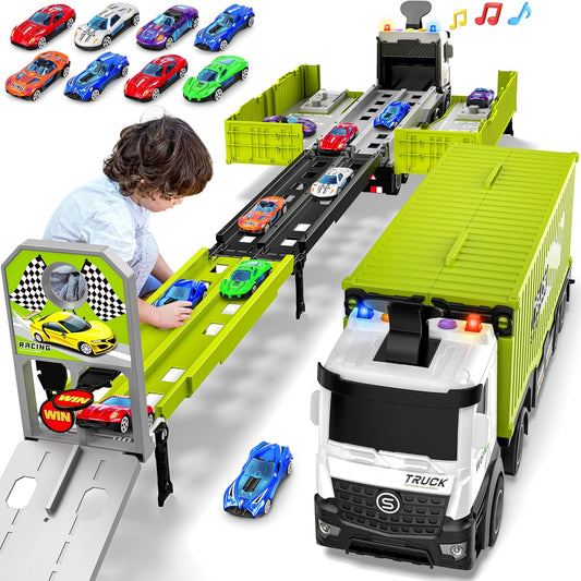 Carrier Truck Race Track Boys Toys, Foldable 3 Layer Toddler Track Playset, Toy Truck Transport Car Carrier & 8 Race Cars, Truck Car Kids Toys for Age 3 4 5 6+ Years Old Boys Girls