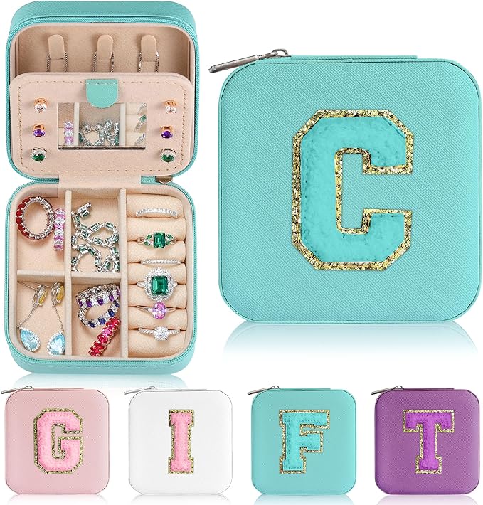 Parima Travel Essentials for Women Jewelry Box, Travel Accessories for Teen Girls Trendy Stuff | Necklace Organizer Earrings Organizer Ring Organizer - Letter C, Aqua Blue