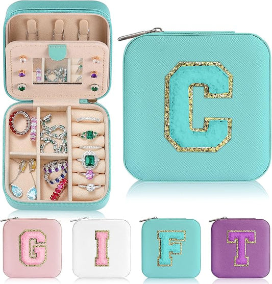Parima Travel Essentials for Women Jewelry Box, Travel Accessories for Teen Girls Trendy Stuff | Necklace Organizer Earrings Organizer Ring Organizer - Letter C, Aqua Blue