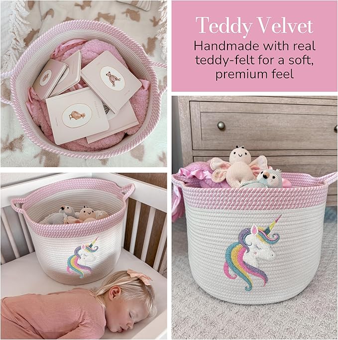 Unicorn Storage Basket for Nursery – Large 15”x11” Cotton Rope Bin with Soft Felt Animal Patch – Toy Organizer, Baby Laundry Hamper, Diaper & Towel Holder – Foldable, Washable & Baby-Safe