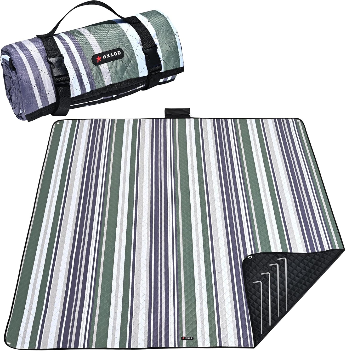 HX&OD Outdoor Picnic Blanket Extra Large, 80''*80' Waterproof Picnic Mat with Stakes Foldable Camping Blanket Portable with Carry Strap for Beach Mat (Green, 80''*80'')
