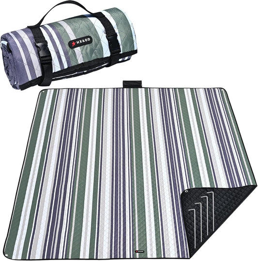 HX&OD Outdoor Picnic Blanket Extra Large, 80''*80' Waterproof Picnic Mat with Stakes Foldable Camping Blanket Portable with Carry Strap for Beach Mat (Green, 80''*80'')