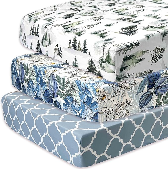 AMROSE 3 Pack Soft Floral Crib Sheets for Baby Girls, 28'' X 52'' Fitted Crib Sheets for Crib and Toddler Mattress Pad, Silk Touch Gentle Breathable Microfiber, Teal Blue Green