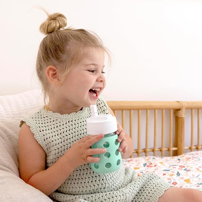 Lifefactory 8-Ounce Wide Neck Glass Baby Bottle with Protective Silicone Sleeve and Pivot Straw Cap, Mint (LG2241WMI4)