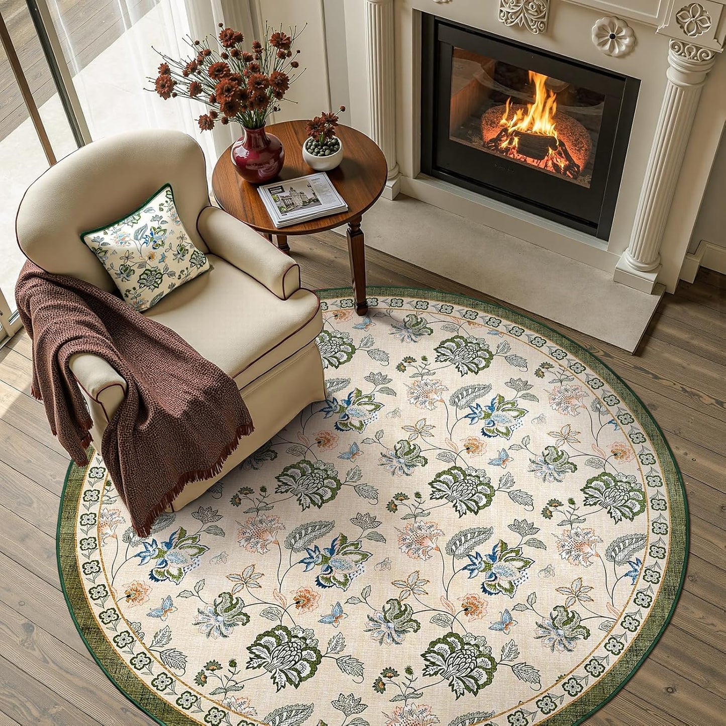 jinchan 5ft Floral Round Rug for Entryway Washable Kitchen Rug Vintage Romance Design Non Slip Indoor Doormat Lightweight Low-Profile Throw Carpet for Living Room Dining Room Bedroom, Green/Beige