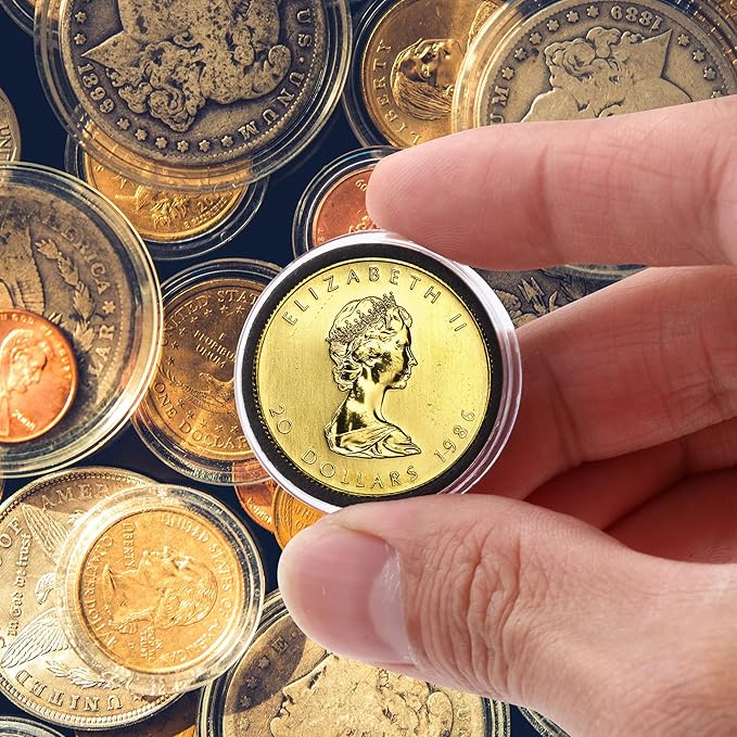 100Pcs 30mm Coin Holders with 5-Size Foam Gasket, Plastic Coin Capsules for Collectors, Clear Coin Case with Storage Organizer Box for Coin Collection Supplies, Black Gasket 17/20/25/27/30mm