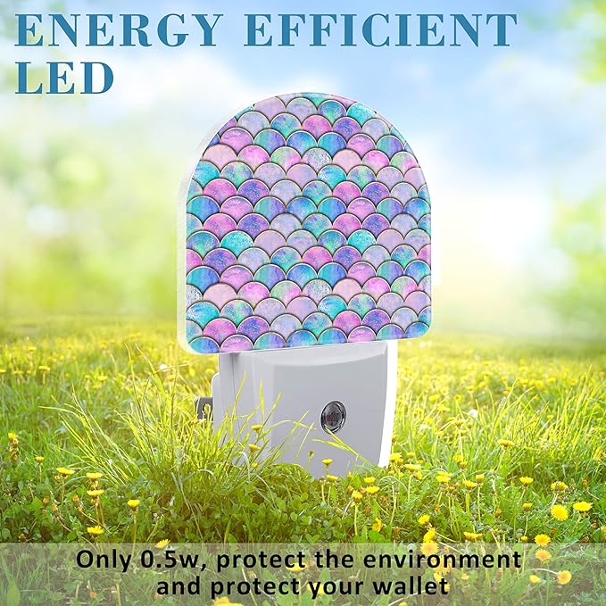 Night Light for Kids Girls Boys, Watercolor Mermaid Fish Scale Wave LED Night Light Plug into Wall with Dusk to Dawn Sensor for Room Decor, Hallway, Kitchen, Bathroom, Nursery, Stairs