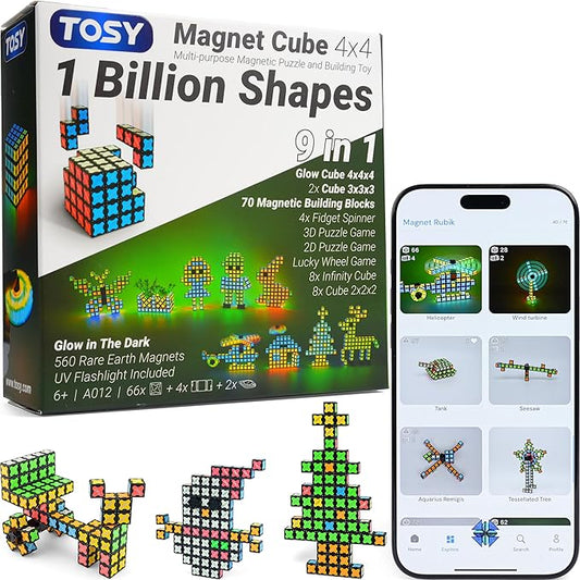 TOSY Magnet Cube 4x4 - 560 Magnets, 70 Blocks, 8 in 1 Toy: Puzzle Cube Game, Creative Building Blocks, Transformable Fidget Spinner, Infinity Cube, Magnet Tiles, UV Flashlight, Glowing STEM/STEAM Toy