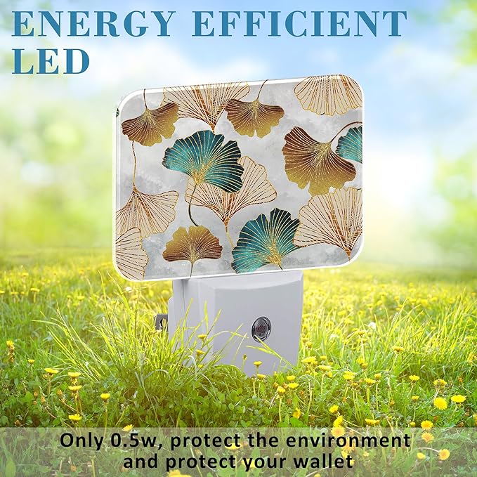 Luxurious Golden Ginkgo Leaves Night Light Plug into Wall, Green Ginkgo Night Light with Dusk to Dawn Sensor for Kid Girls Boys Women Men Bedroom, Hallway, Kitchen, Bathroom, Stairs Decor
