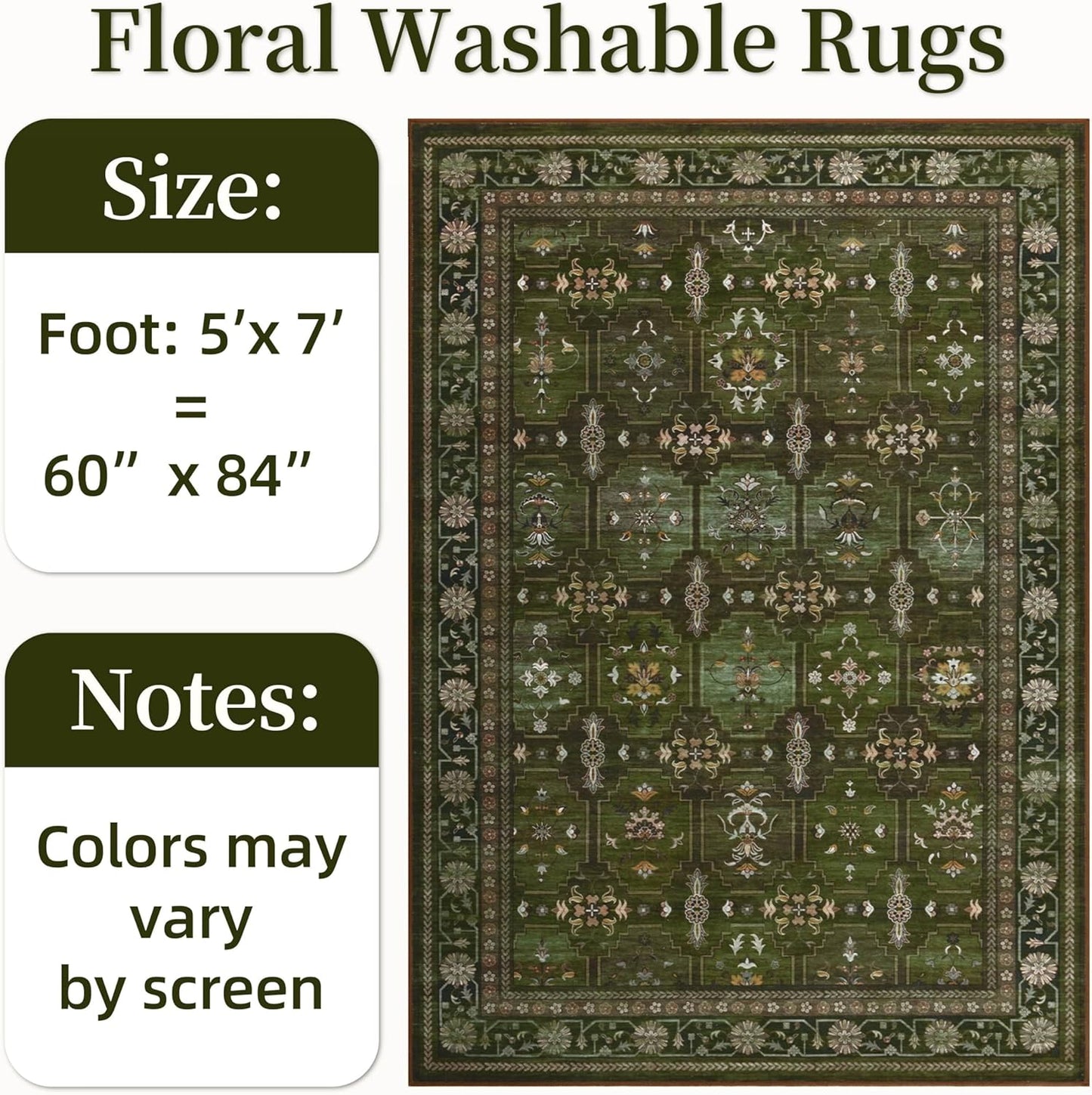 5x7 Washable Area Rug for Living Room Dining Room, Distressed Non Slip Vintage Floral Rugs for Bedroom, Traditional Indoor Floor Carpet for Dining Kitchen Farmhouse Dark Green