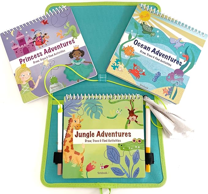 Totebook Kids Travel Educational Activity Book with Washable Markers - Car and Airplane Activities, Learning Toys for Toddlers- Reusable Stickers for Ages 4, 5, 6 (Jungle & 2 Extra Books)