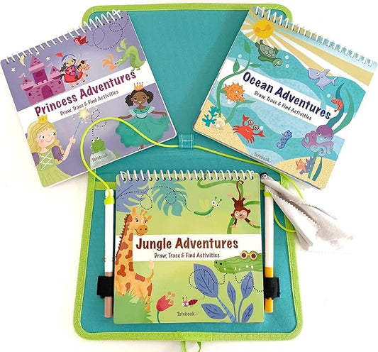 Totebook Kids Travel Educational Activity Book with Washable Markers - Car and Airplane Activities, Learning Toys for Toddlers- Reusable Stickers for Ages 4, 5, 6 (Jungle & 2 Extra Books)