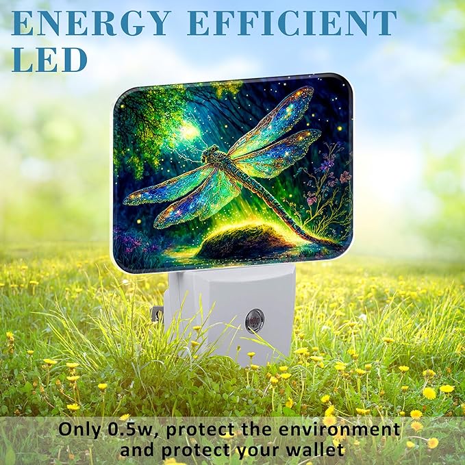 Glowing Dragonfly Plug in Night Lights, Fantastic Enchanted Forest Nightlight Plug Into Wall Dusk to Dawn Sensor for Kid Girls Boys Women Men Bedroom,Hallway,Kitchen,Bathroom,Stairs Decor