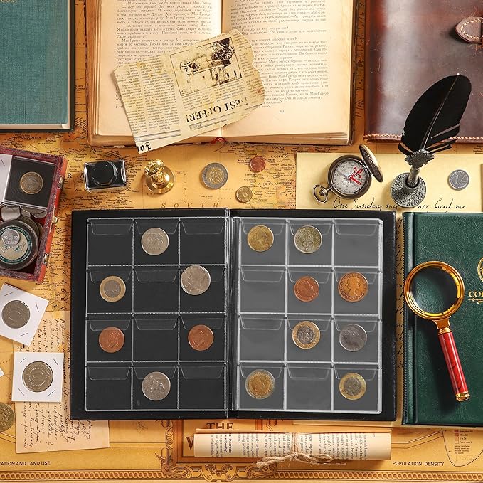 120 Pockets Coin Album - Coin Collecting Book with 10 Pages, 45x43 mm Grid Holder for Pounds Pence Cents Dollars Nickel (Green) CS48120GR