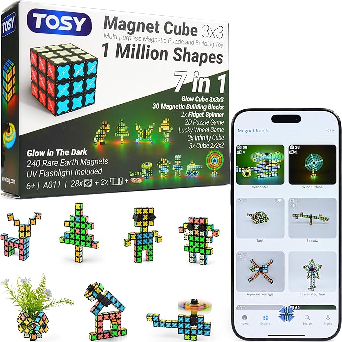 TOSY Magnet Cube 3x3 - 240 Magnets, 30 Blocks, 7in1 Toy: Puzzle Cube Game, Creative Building Blocks, Transformable Fidget Spinner, Infinity Cube, Magnet Tiles, UV Flashlight, Glowing STEM/STEAM Toy