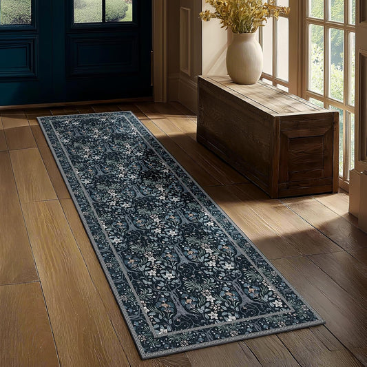 Joydeco Floral Washable Runner Rug for Kitchen, Forest Hallway Rug Runner 2x6 Non Slip, Boho Botanical Ultra-Thin Soft Indoor Floor Throw Carpet for Bathroom Entryway Foyer, Blue-Black
