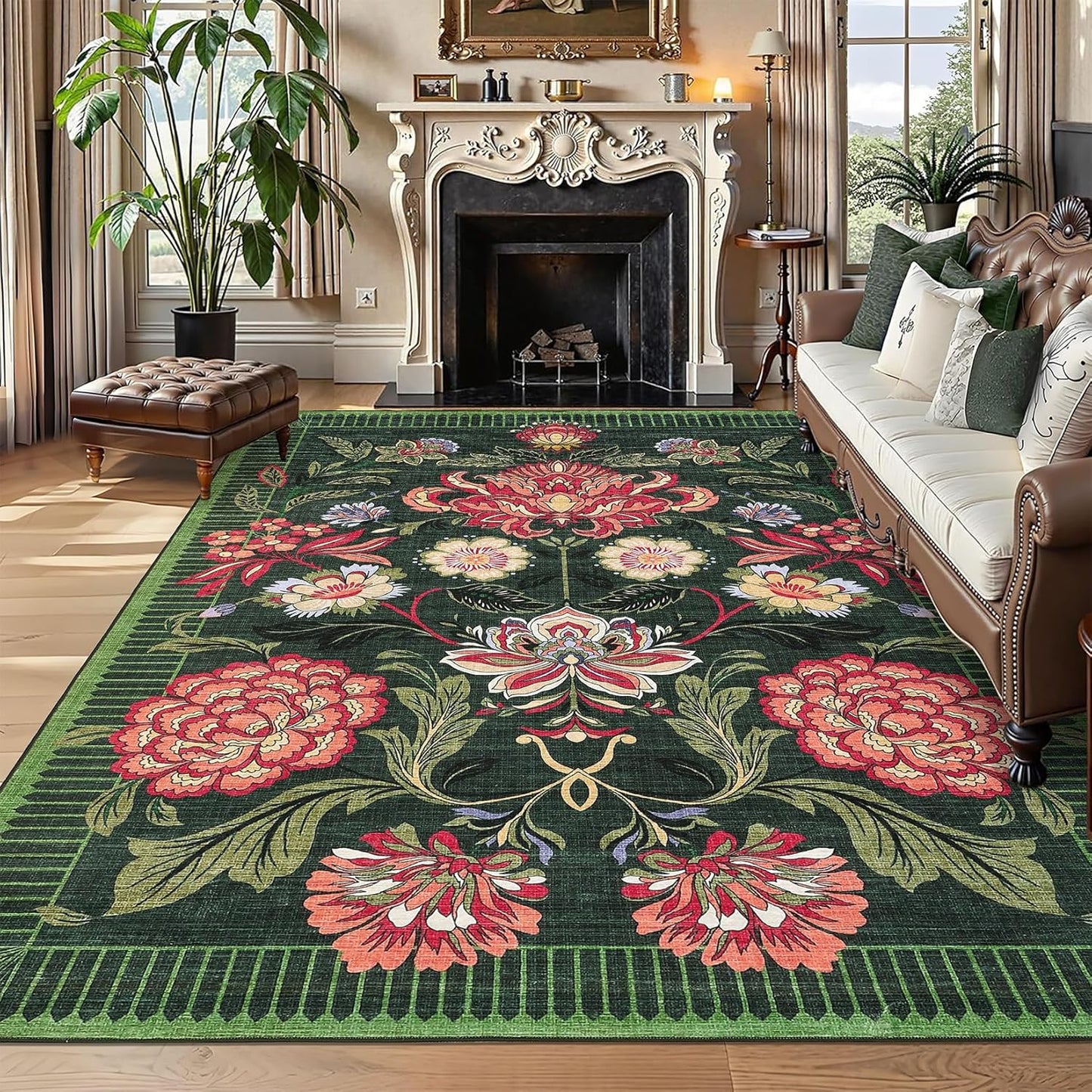 GarveeHome Forest Green Floral Botanical Washable 8x10 Rug for Living Room Soft Vintage Boho Cottage Large Rugs Low-Pile Carpet for Bedroom Dining Nursery Rug